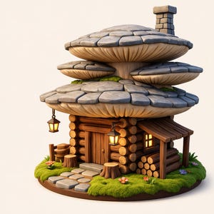 May include: A miniature log cabin house with a multi-tiered roof shaped like stacked mushrooms. The structure features a wooden door, a small porch with stacked logs, stone-like roof tiles, two glowing lanterns, and a stone path on green moss.