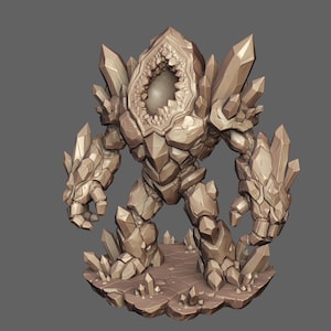 May include: A tan-colored figurine of a rock monster standing on a circular base. The creature is composed of jagged stone segments and sharp crystal protrusions, featuring a large, hollow, tooth-lined opening in the center of its chest.