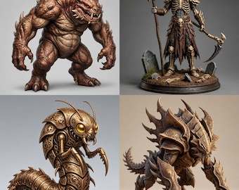 May include: A collection of four fantasy figurines: a muscular brown reptilian creature with spikes, a skeletal warrior holding a staff and scythe, a metallic gold segmented insectoid with intricate patterns, and a spiked four-legged armored beast.