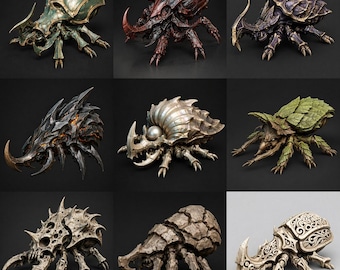 May include: A collection of nine distinct beetle figurines featuring varied textures and finishes, including metallic green, deep red, dark purple, volcanic black, pearlescent shell, green leaf-like scales, porous bone, cracked stone, and ornate cream filigree.