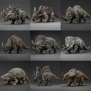 May include: A collection of nine detailed dinosaur figurines featuring various species with textured, earth-toned scales, prominent horns, bony plates, and intricate patterns in shades of brown, grey, and teal against a neutral dark background.