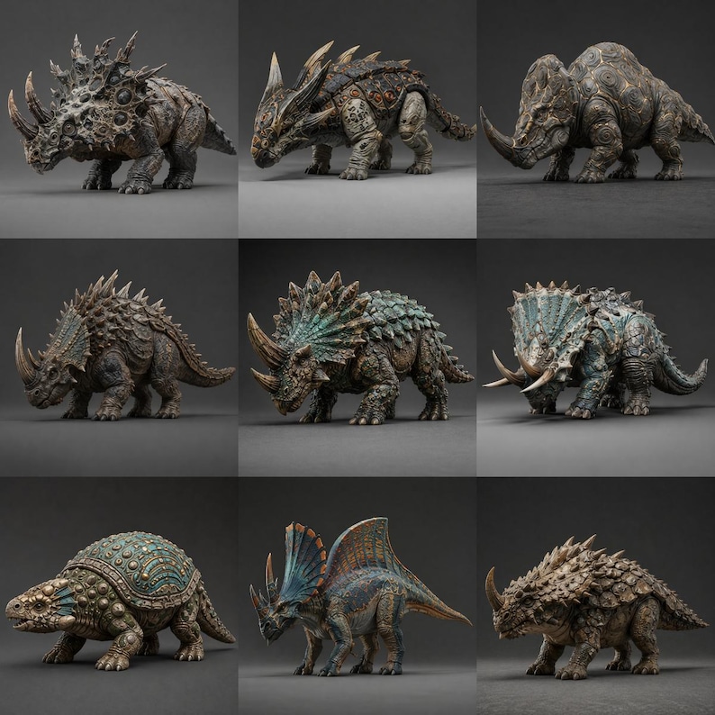 May include: A collection of nine detailed dinosaur figurines featuring various species with textured, earth-toned scales, prominent horns, bony plates, and intricate patterns in shades of brown, grey, and teal against a neutral dark background.