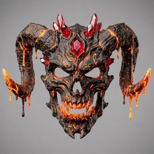 Lava Demon Skull STL-bestand - vervloekt gehoornd masker voor 3D-printen - Dark Fantasy tafelmodel miniatuur - Magma Lich-sculptuur met hoog detail