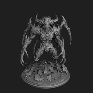 May include: A grey, unpainted resin miniature of a monstrous creature with sharp, elongated claws, large curved horns, and a segmented, armored exoskeleton. The figure stands in a dynamic, aggressive pose upon a rocky, uneven circular base.