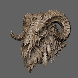 May include: A brown, sculpted ram skull wall ornament featuring intricate, textured horn details, a weathered bone-like surface, and decorative hanging elements including carved feathers and beads suspended from the side of the ram head.