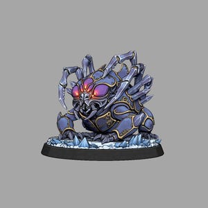 May include: A detailed miniature figurine of a fantasy creature. The figure is primarily blue with gold accents and features multiple legs and large, glowing red eyes. It is mounted on a black base with icy details.