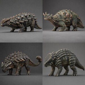 May include: A collection of four detailed dinosaur figurines featuring armored ankylosaur and nodosaur species. Each model displays textured skin, bony plates, spikes, and distinct anatomical features in shades of dark brown, gray, and muted green.