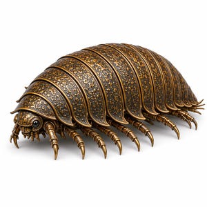May include: A bronze-colored, articulated pill bug figurine featuring a segmented, textured shell with a metallic finish. The creature has multiple pointed legs extending from its sides and a detailed head with two dark, prominent, rounded eyes.