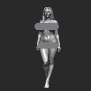 May include: A grayscale 3D render of a nude female figure with long hair, standing and facing forward. The figure's breasts and pubic area are obscured by gray rectangles. The background is a solid dark gray.