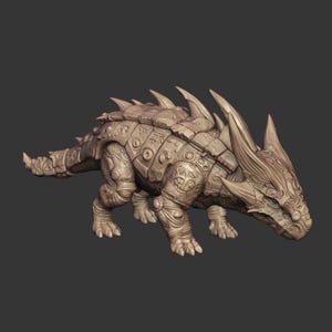 May include: A light brown, four-legged creature figurine with a textured, armored back featuring prominent spikes and plates. The head displays large, curved horns and intricate, carved-like patterns across its entire body surface.