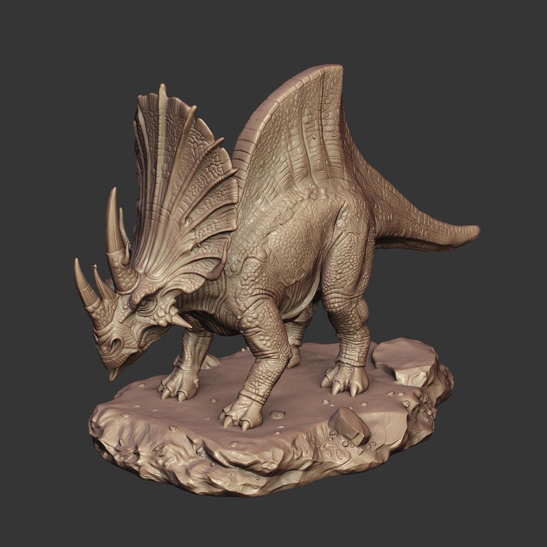 May include: A monochromatic brown dinosaur figurine featuring a large frill with horns and a prominent dorsal sail. The creature stands on a textured, rocky base with detailed skin scales, sharp claws, and a long tail extending to the right side.