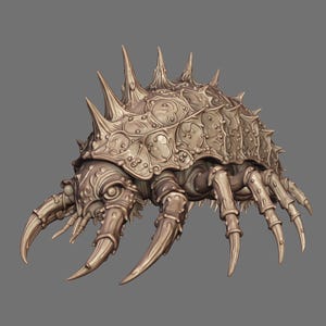 May include: A beige, multi-legged creature figurine with a segmented, armored shell featuring prominent spikes. The creature has a detailed, textured surface with circular patterns and sharp, pointed appendages extending from its body and head.