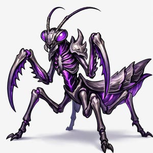 Puede incluir: Ilustración de una mantis religiosa estilizada con apariencia metálica. El insecto presenta una combinación de tonos plateados, negros y morados. Sus grandes ojos son morados y sus garras afiladas. La obra tiene un tema de fantasía.