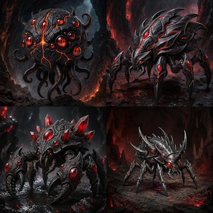 May include: A collection of four distinct dark fantasy creatures featuring black armored shells with glowing red accents and multiple eyes. The figures include a spherical tentacled entity, a spider-like form, a crustacean-like beast, and a beetle-like insect.