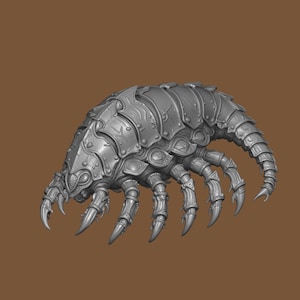 May include: A gray, segmented creature figurine with a hard, armored shell and multiple sharp, clawed legs. The surface of the creature features intricate, raised patterns and textures across its curved, multi-layered back and pointed limbs.