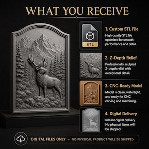 May include: A digital product listing titled WHAT YOU RECEIVE featuring a grey 3D relief carving of a stag in a forest with mountains. The text lists four components: Custom STL File, Z-Depth Relief, CNC-Ready Model, and Digital Delivery.
