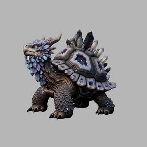 May include: A fantasy sculpture of a turtle-like creature with a detailed, textured design. The turtle has a dragon-like head with horns and a feathery neck. Its shell is adorned with crystals and geode-like patterns, in shades of gray, blue, and purple.