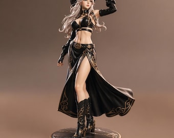 May include: A detailed figurine of a character wearing a black cowboy hat, a black crop top, and a long black skirt with a high side slit. The outfit features gold filigree accents, black gloves, and black boots with gold detailing. The figure stands on a round black marble-patterned base.