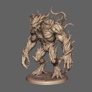 May include: A light brown, unpainted resin miniature figure of a monstrous tree creature. The figure features a textured, bark-like body, long clawed hands, and sharp, protruding thorns or branches extending from its shoulders, head, and limbs.