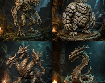 May include: A collection of four fantasy creature figurines including a mechanical gear-adorned humanoid, a stone-textured monster with a crown, a three-headed dragon, and a serpentine dragon, all displayed on circular stone bases in a dark setting.