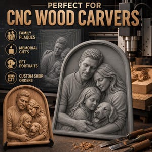 May include: A gray arched plaque featuring a relief carving of a family with a dog. Text on the image reads: PERFECT FOR CNC WOOD CARVERS, FAMILY PLAQUES, MEMORIAL GIFTS, PET PORTRAITS, CUSTOM SHOP ORDERS. A wooden version is also visible.