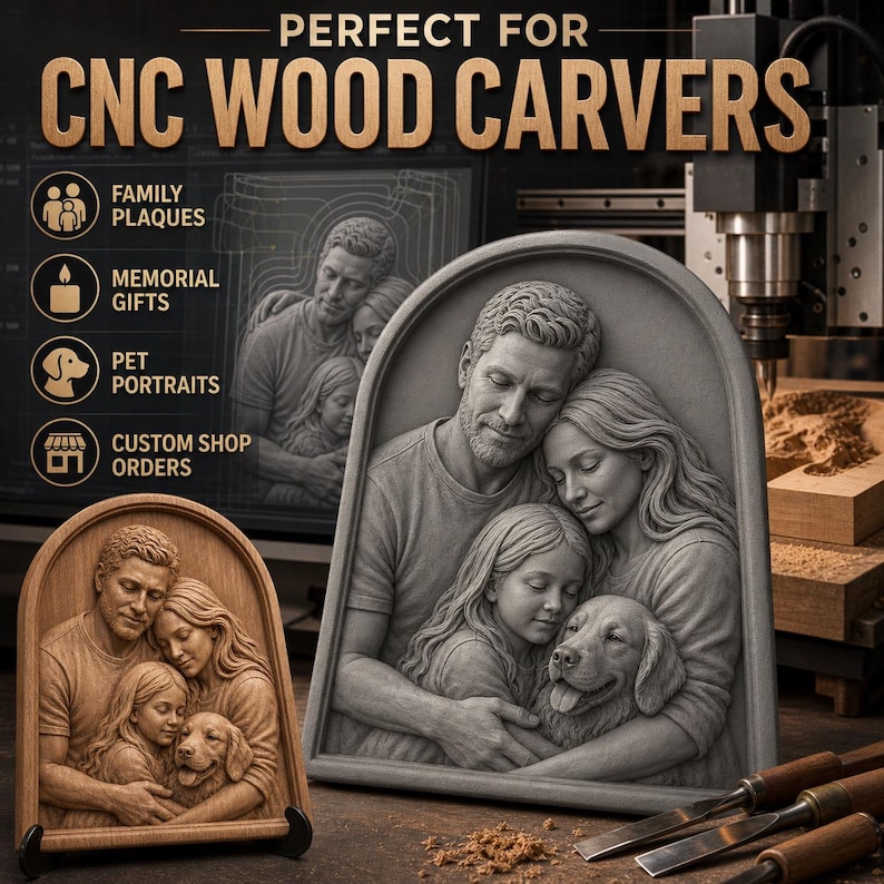 May include: A gray arched plaque featuring a relief carving of a family with a dog. Text on the image reads: PERFECT FOR CNC WOOD CARVERS, FAMILY PLAQUES, MEMORIAL GIFTS, PET PORTRAITS, CUSTOM SHOP ORDERS. A wooden version is also visible.