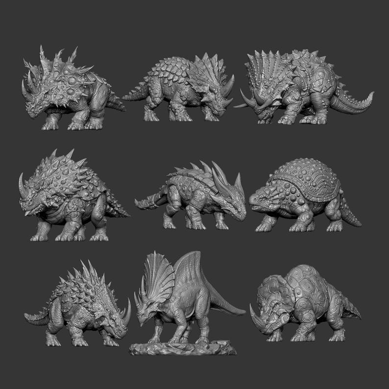 Armored Dinosaur Miniature Mega Bundle, Fantasy Triceratops STL Pack, Prehistoric Monster Collection, TTRPG Tabletop RPG Resin Print Files image 2
