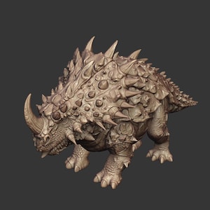 May include: A monochromatic brown figurine of a quadrupedal dinosaur with a heavily armored back covered in sharp, conical spikes and plates. The creature features a prominent single horn on its snout, a textured hide, and four sturdy legs.