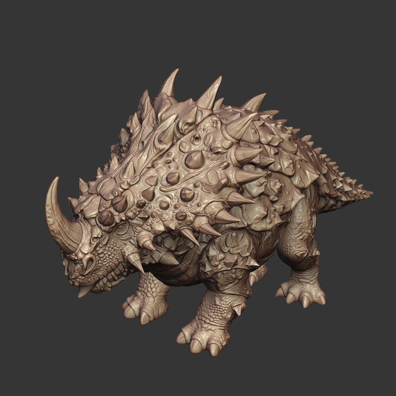 May include: A monochromatic brown figurine of a quadrupedal dinosaur with a heavily armored back covered in sharp, conical spikes and plates. The creature features a prominent single horn on its snout, a textured hide, and four sturdy legs.