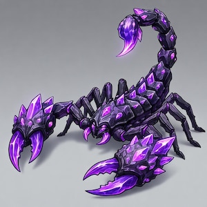 May include: A detailed illustration of a stylized scorpion. The scorpion is primarily black with accents of purple crystals. The claws, stinger, and crystal details are a vibrant purple, set against a gray background.