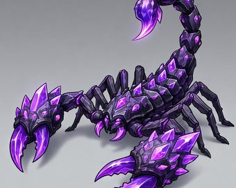 May include: A detailed illustration of a stylized scorpion. The scorpion is primarily black with accents of purple crystals. The claws, stinger, and crystal details are a vibrant purple, set against a gray background.