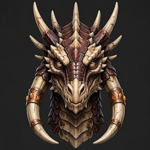 May include: A detailed, close-up of a dragon head sculpture. The dragon features a textured, brown and cream color scheme with sharp horns and piercing orange eyes. The horns are adorned with gold-colored bands and gems, set against a dark gray background.