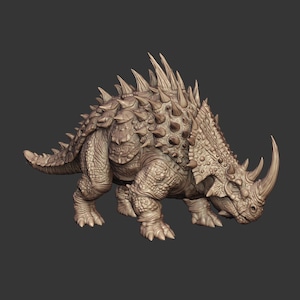 May include: A monochromatic brown figurine of a quadrupedal dinosaur with a heavily armored back covered in sharp, pointed spikes. The creature features a large, singular horn on its snout, a textured, scaly hide, and a thick, muscular tail.
