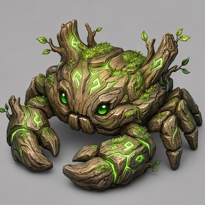 May include: A crab-shaped creature made of brown tree bark and wood textures, featuring bright green glowing geometric patterns, patches of green moss, and small green leaves sprouting from its back and claws with large green eyes.
