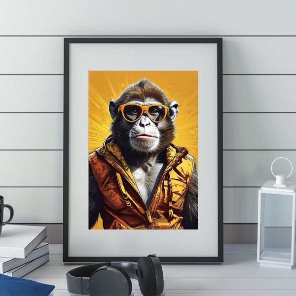 Cartoon Chimp Art Print, Cool Animal Drawing, Yellow Funky Monkey Poster, Fun Hip Ape Illustration, INSTANT DIGITAL DOWNLOAD