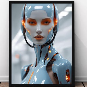 Female Robot Poster, Blue Cyberpunk Cyborg Wall Art, Futuristic Digital Décor for Home or Office, Teen Boy Room Wall Hanging Print