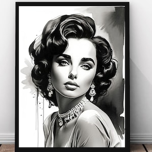 Elizabeth Taylor Watercolour Print, Gorgeous Very Unique Portrait, Glamorous Hollywood 1950s Actress Artwork, Digital Download