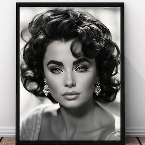 Elizabeth Taylor Photo-Realistic Print, Gorgeous Very Unique Portrait, Glamorous Hollywood 1950s Actress Artwork, Digital Download