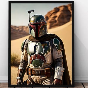 Boba Fett Digital Art Print, Star Wars Desert Scene, Mandalorian Bounty Hunter, Star Wars Helmet Poster, Sci Fi Wall Decor Printable