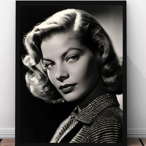Lauren Bacall Poster, Vintage Hollywood Print, Classic Movie Star Art, Black and White Wall Décor, Old Hollywood Portrait, Digital Download