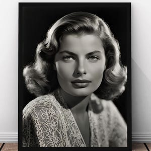Ingrid Bergman Poster, Vintage Hollywood Print, Classic Movie Star Décor, Photorealistic Portrait, Black White Wall Art, Digital Download