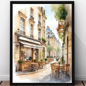 Paris Café Art Print, French Street Scene Watercolor Poster, European Travel Artwork, Vintage Aesthetic Wall Décor, Digital Download