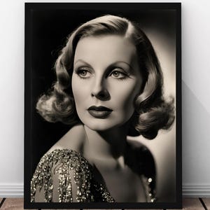 Greta Garbo Art Poster, Vintage Hollywood Glamour Print, Black and White Movie Star Portrait, Old Hollywood Wall Art, Digital Download