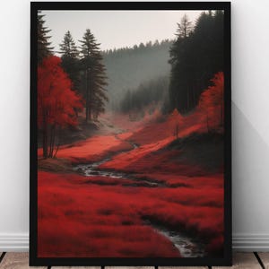 Japanese Sumi-E Landscape Art Print: Black & Red Ink (Digital Download)