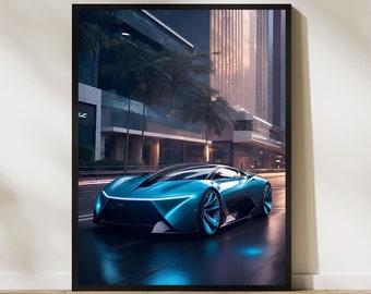 Futuristic Blue Sports Car Art Print, Man Cave Poster, Male Gift Idea, Aesthetic Home Wall Decor, Lambo Poster, INSTANT DIGITAL DOWNLOAD