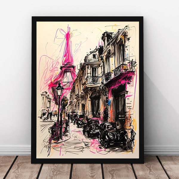 Parisian Street Scene Sketch, Pink Eiffel Tower Drawing, French City Illustration, INSTANT DIGITAL DOWNLOAD, Jpegs