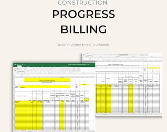 May include: A digital Excel progress billing workbook template by Becca & Co. Studio. The document features a construction billing spreadsheet with yellow highlighted cells, columns for description of work, and multiple pay application tabs.