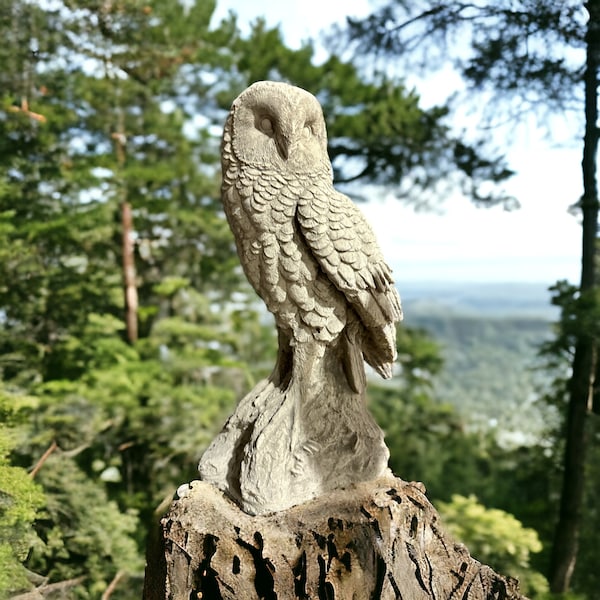 Große Steinfigur - Sitzende Eule auf Baumstamm Maße (H/B/T): 44/27/15 cm, ca. 12,5 kg schwer, frostsicher für Haus und Garten