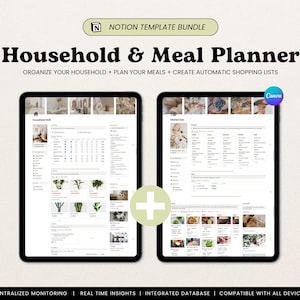 Modèle de planificateur de repas domestique tout-en-un, liste de contrôle du programme de nettoyage, livre de recettes numérique, liste de courses, pièces, plantes, ingrédients