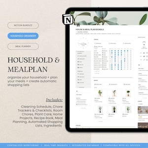 Mahlzeitenplaner für den Haushalt All in One Notion Template, Putzplan Checkliste, Digitales Rezeptbuch Einkaufsliste, Räume, Pflanzen, Zutaten